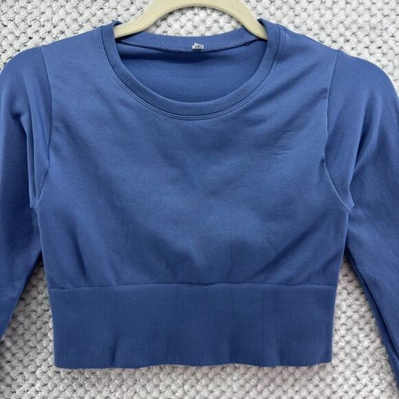 aerie Top Women XS Blue Rib Hem Crop Seamless Crew Neck Long Sleeves Activewear - Picture 3 of 9